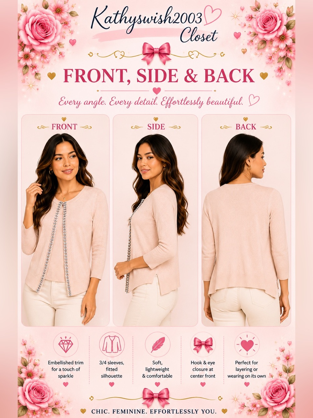 Kate Spade Steal The Spotlight Light Pink Cardigan with Embellished Trim Size S - Picture 2 of 15